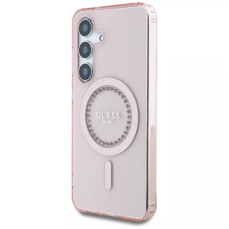 Guess Rhinestones Printed Classic Logo MagSafe Case für Samsung Galaxy S25 (Pink)