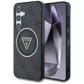 Guess 4G Glitter Triangle Buttons MagSafe Case für Samsung Galaxy S25, Schwarz