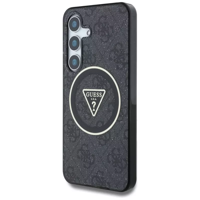Guess 4G Glitter Triangle Buttons MagSafe Case für Samsung Galaxy S25, Schwarz
