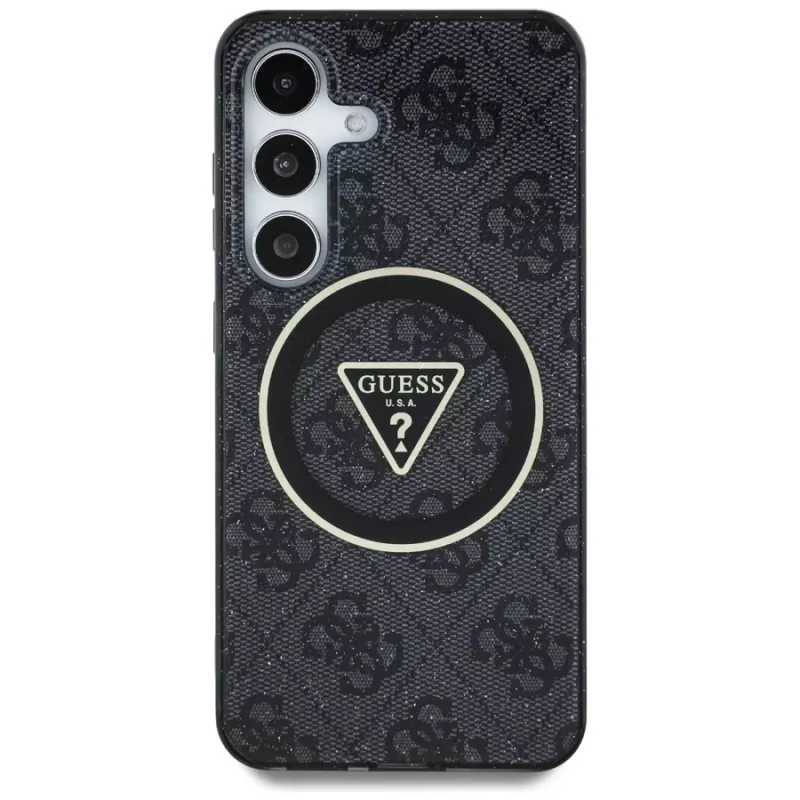Guess 4G Glitter Triangle Buttons MagSafe Case für Samsung Galaxy S25, Schwarz