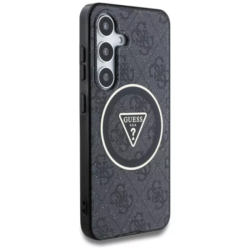 Guess 4G Glitter Triangle Buttons MagSafe Case für Samsung Galaxy S25, Schwarz
