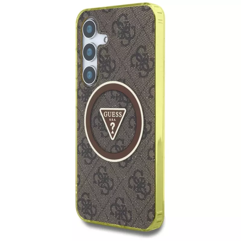 Guess 4G Glitter Triangle Buttons MagSafe Case für Samsung Galaxy S25 (Braun)