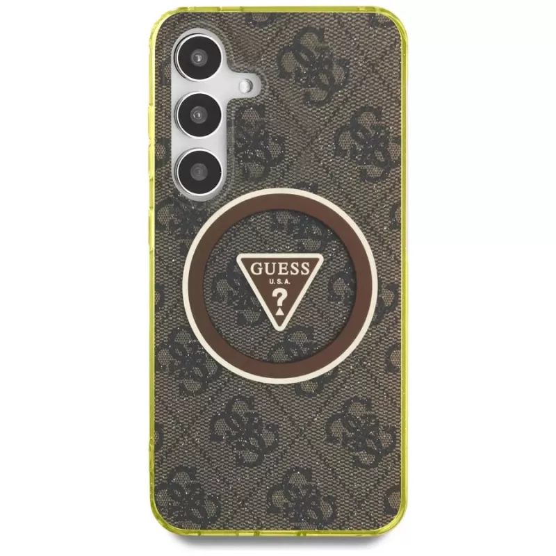 Guess 4G Glitter Triangle Buttons MagSafe Case für Samsung Galaxy S25 (Braun)
