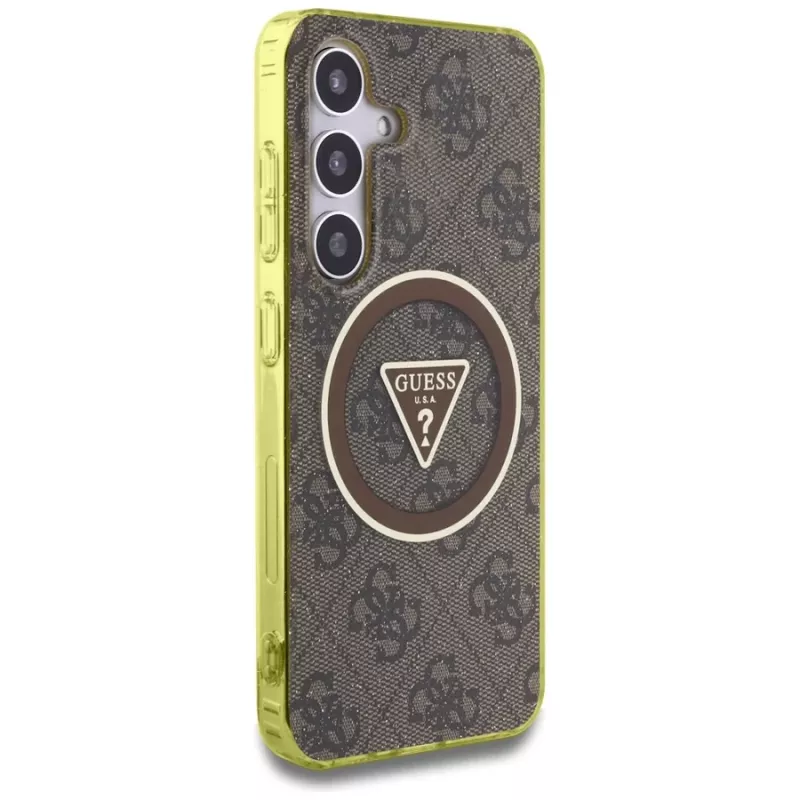 Guess 4G Glitter Triangle Buttons MagSafe Case für Samsung Galaxy S25 (Braun)