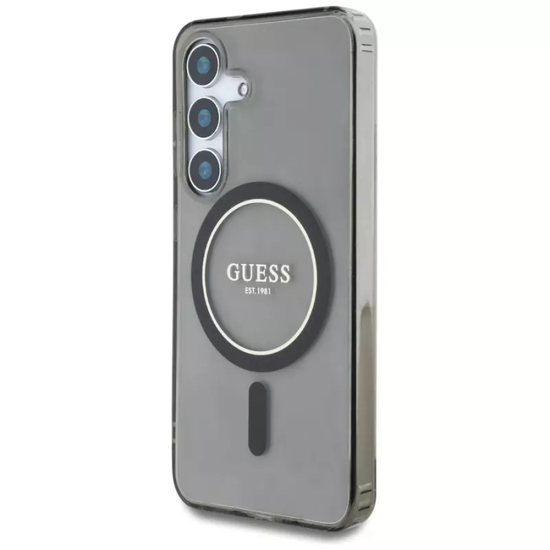 Guess Glitter Circle Classic Logo MagSafe Case für Samsung Galaxy S25 Schwarz