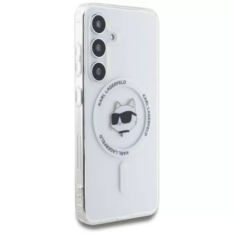 Karl Lagerfeld Button Choupette Head Printed Logo MagSafe Case für Samsung Galaxy S25 Weiß