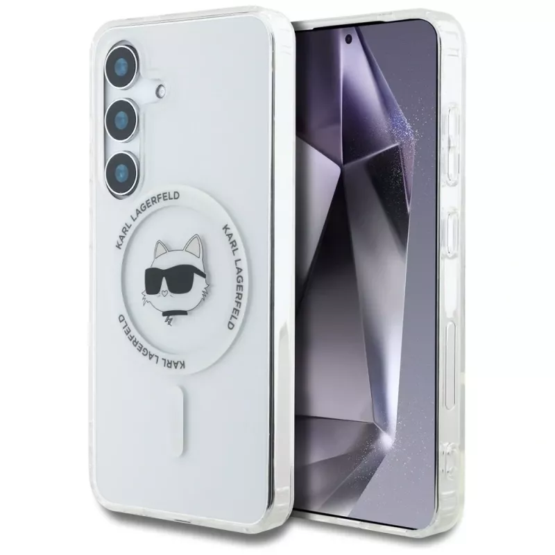 Karl Lagerfeld Button Choupette Head Printed Logo MagSafe Case für Samsung Galaxy S25 Weiß