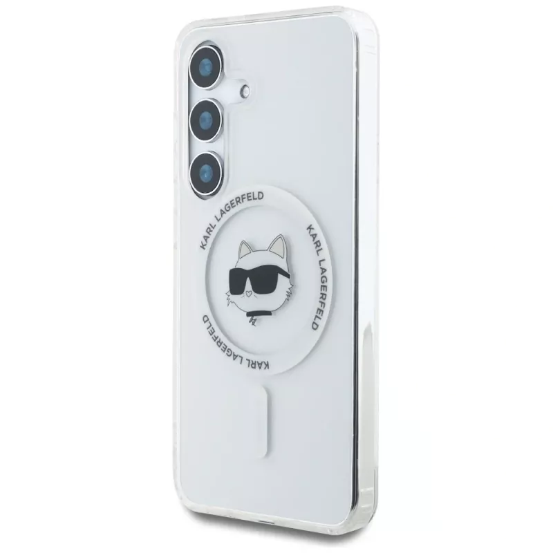 Karl Lagerfeld Button Choupette Head Printed Logo MagSafe Case für Samsung Galaxy S25 Weiß