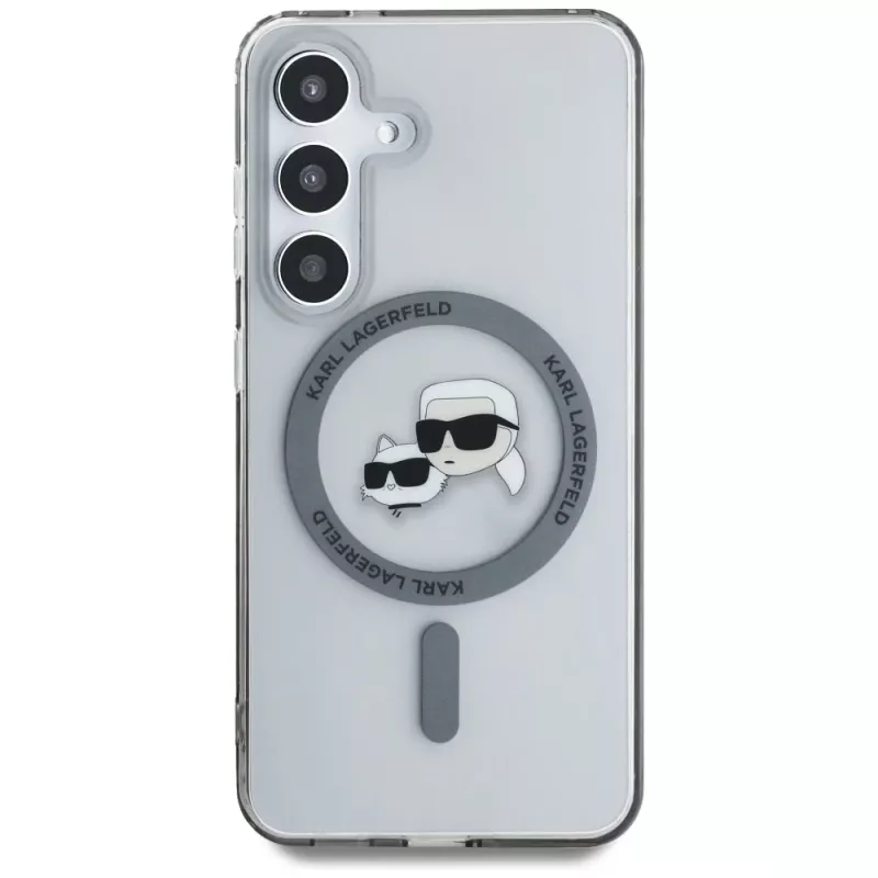 KARL LAGERFELD Button Karl & Choupette Heads Printed Logo MagSafe Case für Samsung Galaxy S25, Schwarz