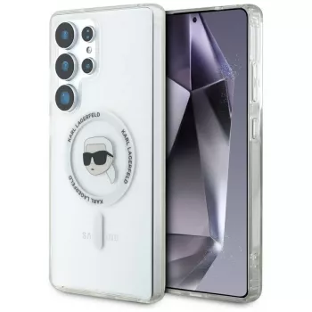 KARL LAGERFELD Button Karl Head Printed Logo MagSafe Case für Samsung Galaxy S25 Ultra Weiß