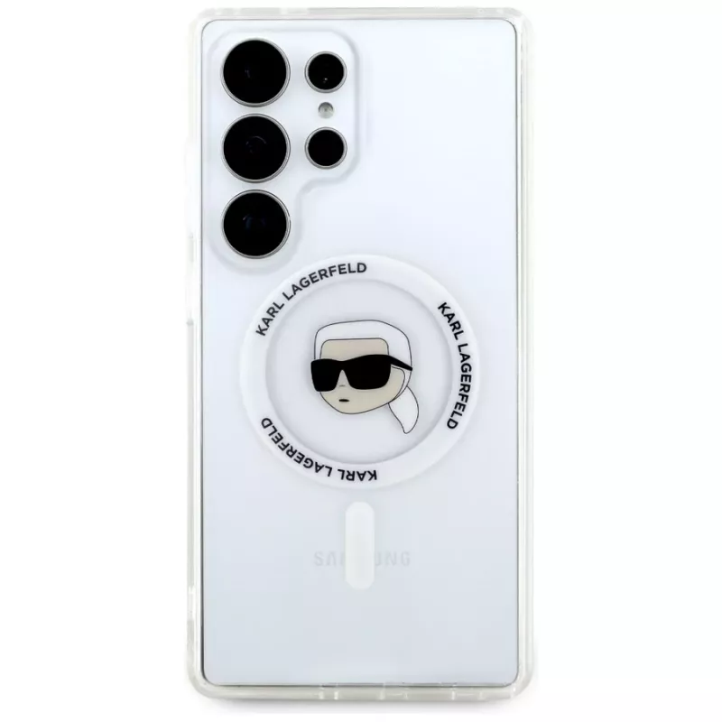 KARL LAGERFELD Button Karl Head Printed Logo MagSafe Case für Samsung Galaxy S25 Ultra Weiß