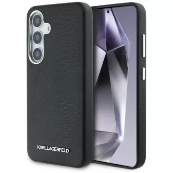 KARL LAGERFELD Saffiano FullWrapped Elongated Metal Logo MagSafe Case für Samsung Galaxy S25+, Schwarz