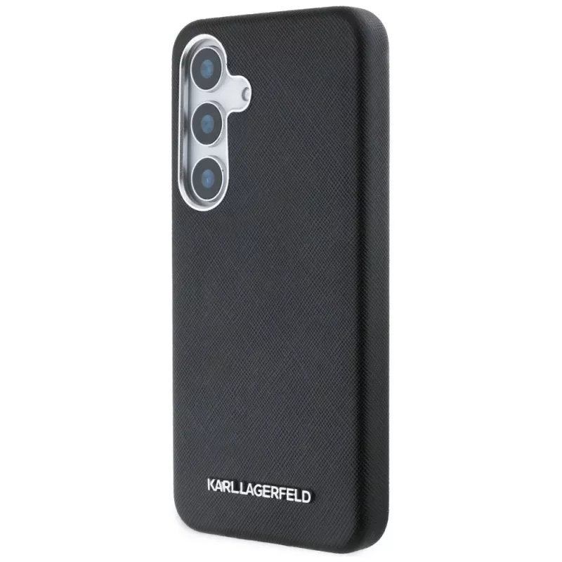 KARL LAGERFELD Saffiano FullWrapped Elongated Metal Logo MagSafe Case für Samsung Galaxy S25+, Schwarz