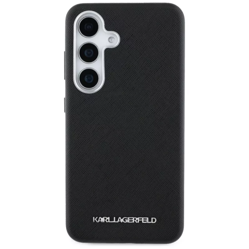 KARL LAGERFELD Saffiano FullWrapped Elongated Metal Logo MagSafe Case für Samsung Galaxy S25+, Schwarz