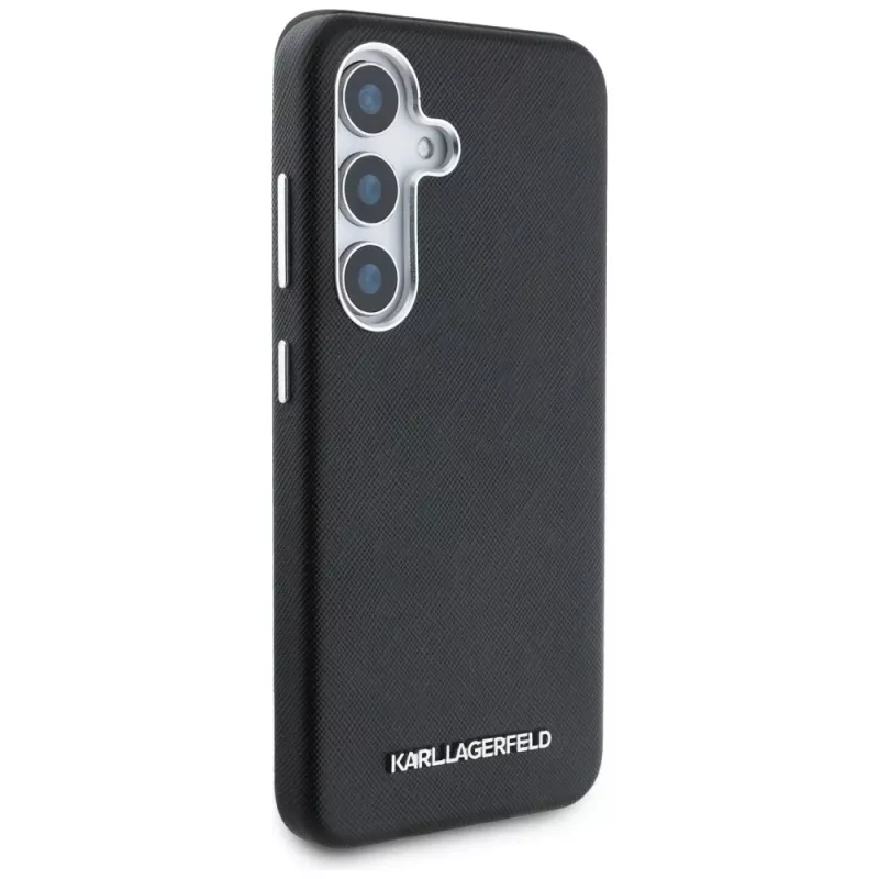 KARL LAGERFELD Saffiano FullWrapped Elongated Metal Logo MagSafe Case für Samsung Galaxy S25+, Schwarz