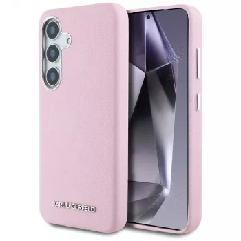 Karl Lagerfeld Saffiano FullWrapped Elongated Metal Logo MagSafe Case für Samsung Galaxy S25+ Pink