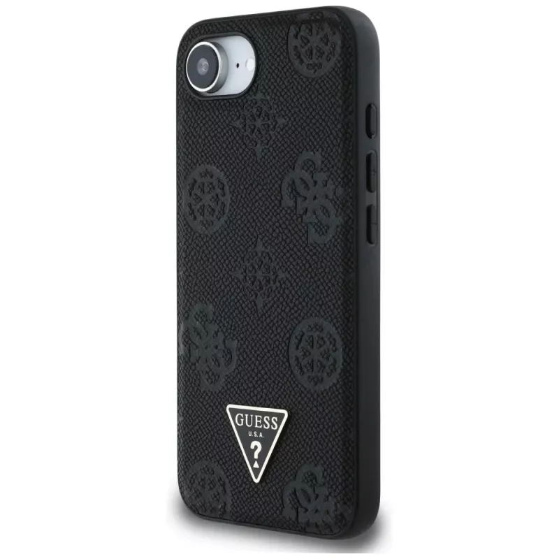 Guess Grained Hot Stamp Peony Triangle Logo MagSafe Case für iPhone 16e (Schwarz)