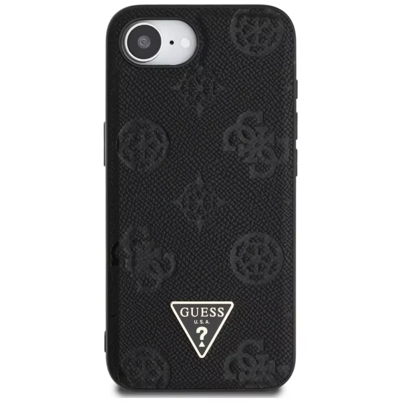 Guess Grained Hot Stamp Peony Triangle Logo MagSafe Case für iPhone 16e (Schwarz)