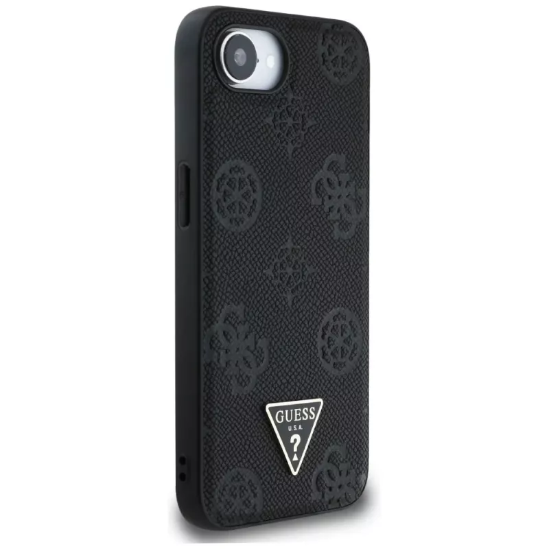 Guess Grained Hot Stamp Peony Triangle Logo MagSafe Case für iPhone 16e (Schwarz)