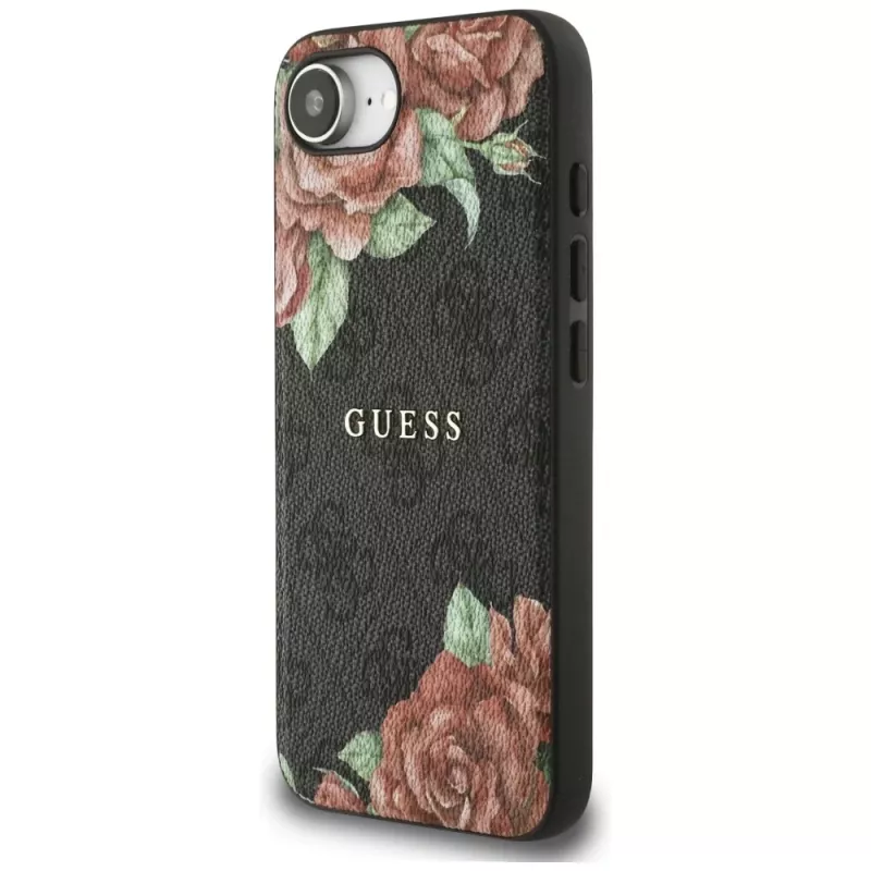 Guess 4G Flowers Print MagSafe Case für iPhone 16e / 17e Schwarz