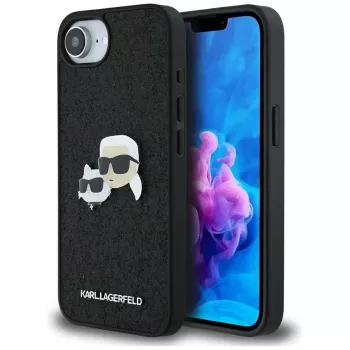 Karl Lagerfeld Fixed Glitter Karl & Choupette Heads Metal Pin Case für Apple iPhone 16e (Schwarz)