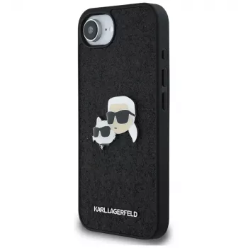 Karl Lagerfeld Fixed Glitter Karl & Choupette Heads Metal Pin Case für Apple iPhone 16e (Schwarz)