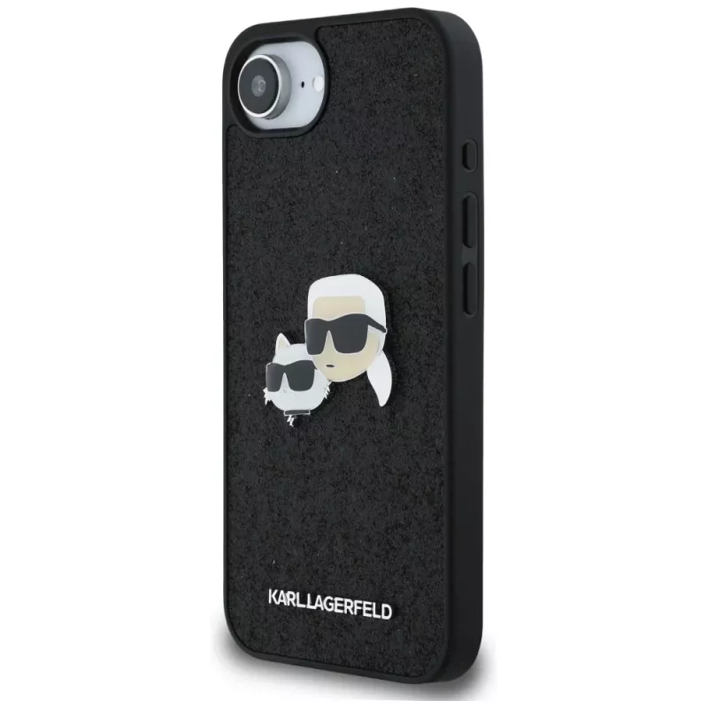 Karl Lagerfeld Fixed Glitter Karl & Choupette Heads Metal Pin Case für Apple iPhone 16e (Schwarz)
