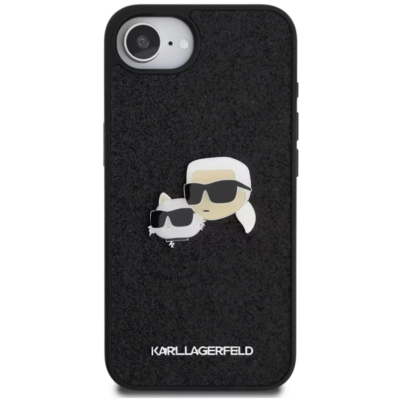 Karl Lagerfeld Fixed Glitter Karl & Choupette Heads Metal Pin Case für Apple iPhone 16e (Schwarz)