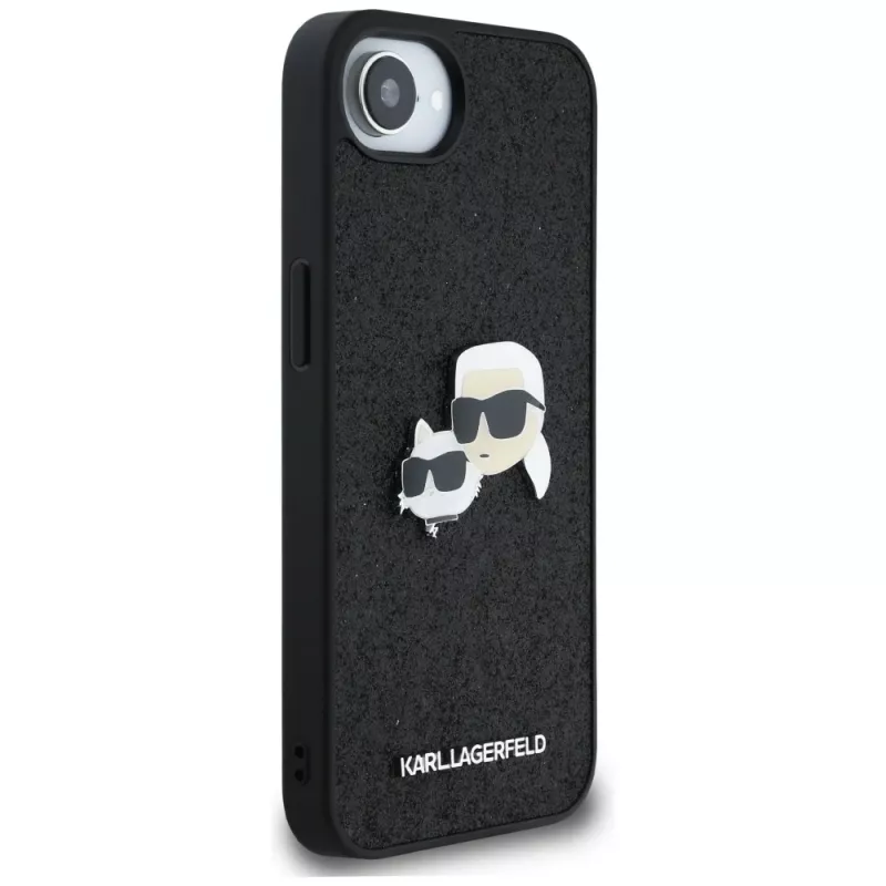 Karl Lagerfeld Fixed Glitter Karl & Choupette Heads Metal Pin Case für Apple iPhone 16e (Schwarz)
