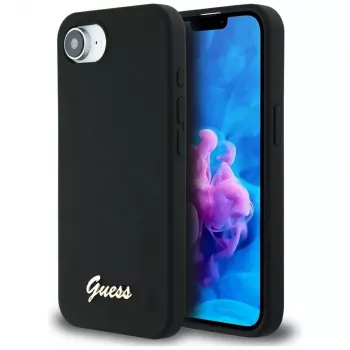 Guess Silicone Script Metal Logo MagSafe Case für iPhone 16e (Schwarz)