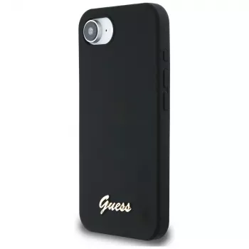 Guess Silicone Script Metal Logo MagSafe Case für iPhone 16e (Schwarz)