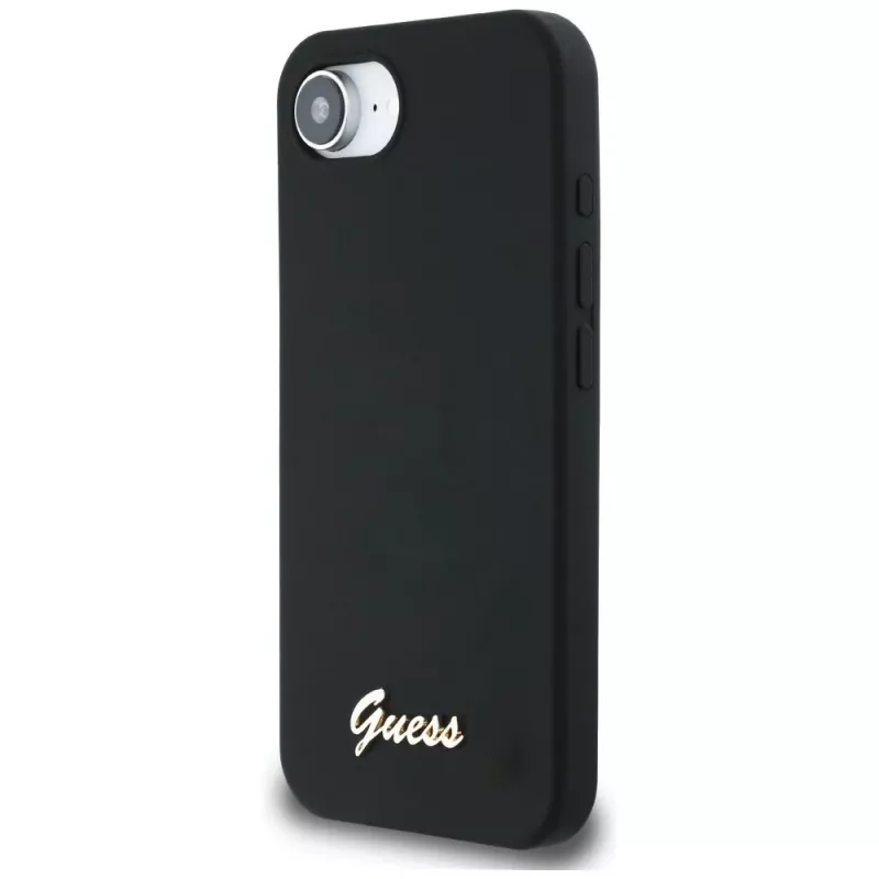 Guess Silicone Script Metal Logo MagSafe Case für iPhone 16e (Schwarz)