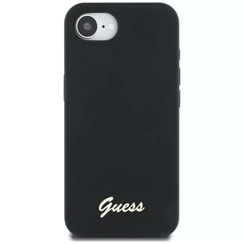 Guess Silicone Script Metal Logo MagSafe Case für iPhone 16e (Schwarz)