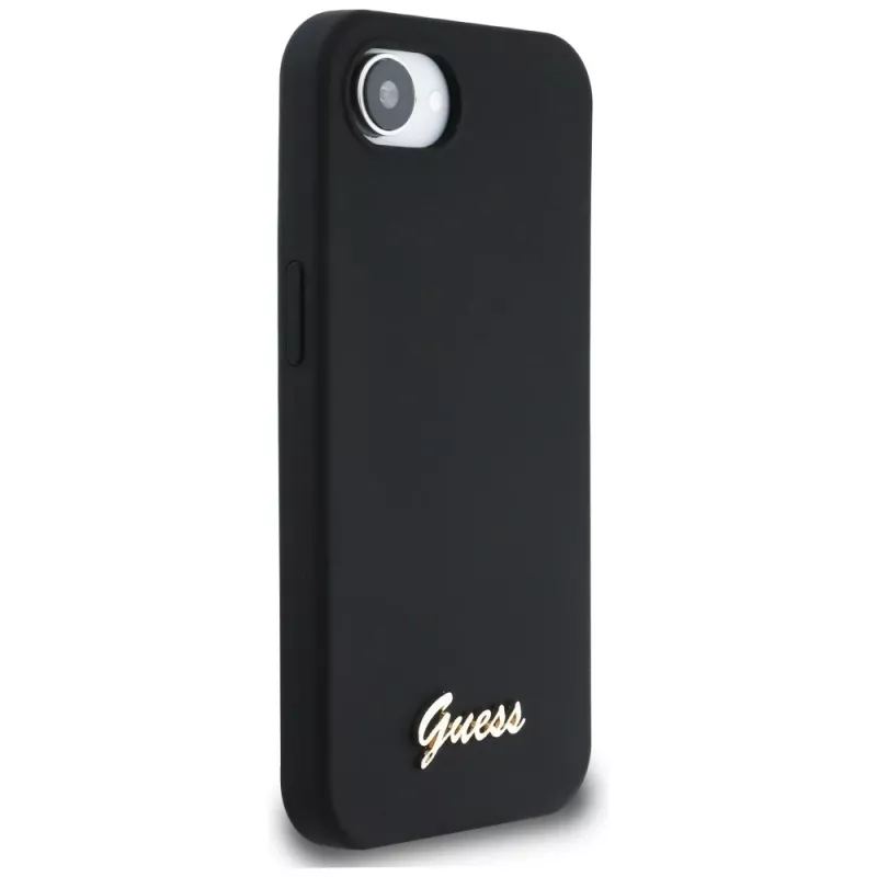Guess Silicone Script Metal Logo MagSafe Case für iPhone 16e (Schwarz)