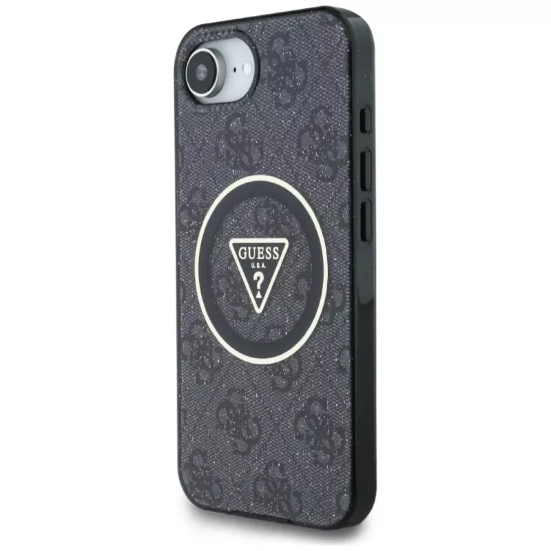 Guess IML Metal Glitter 4G Circle Triangle MagSafe Case für iPhone 16e (Schwarz)