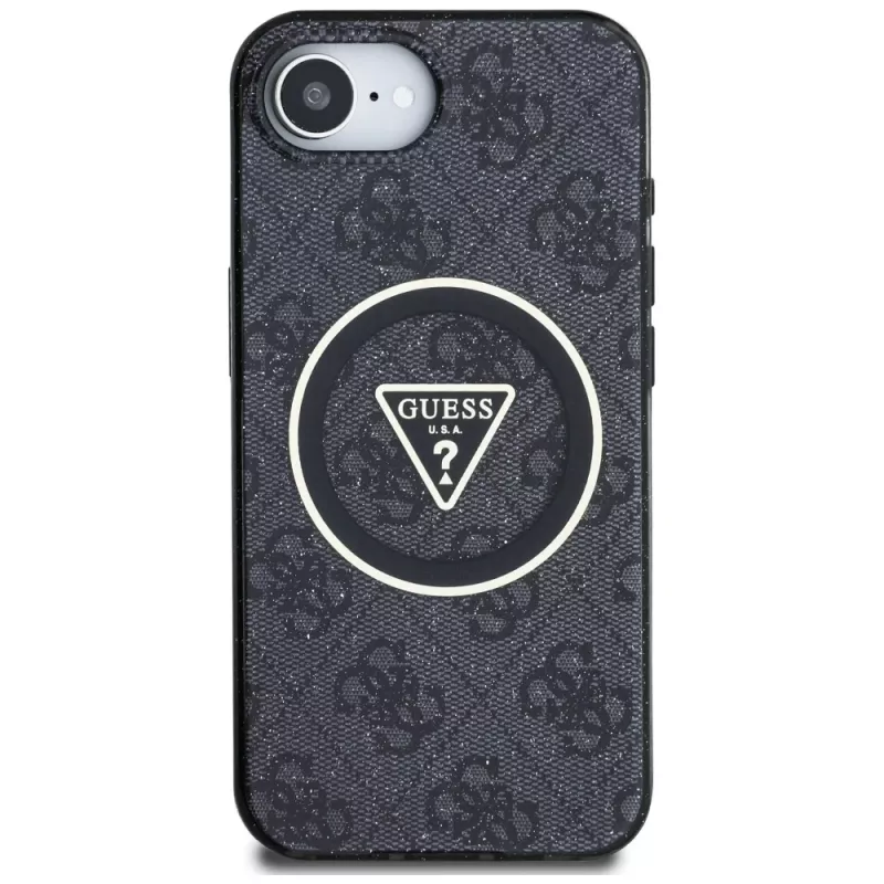 Guess IML Metal Glitter 4G Circle Triangle MagSafe Case für iPhone 16e (Schwarz)