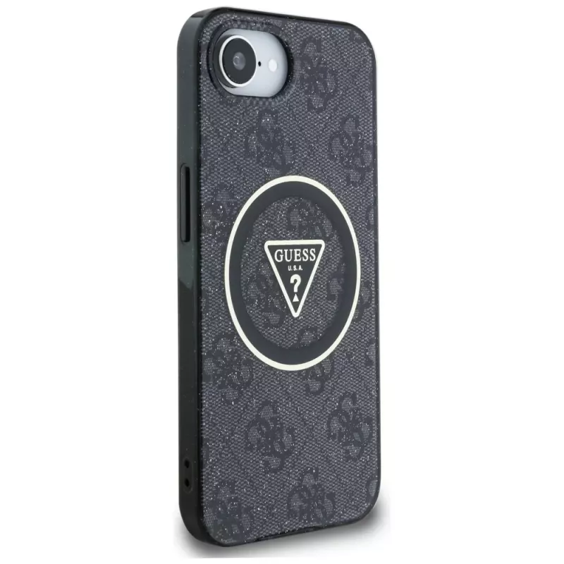 Guess IML Metal Glitter 4G Circle Triangle MagSafe Case für iPhone 16e (Schwarz)