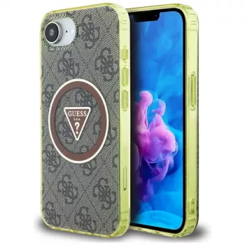 Guess IML Metal Glitter 4G Circle Triangle MagSafe Case für Apple iPhone 16e (Braun)
