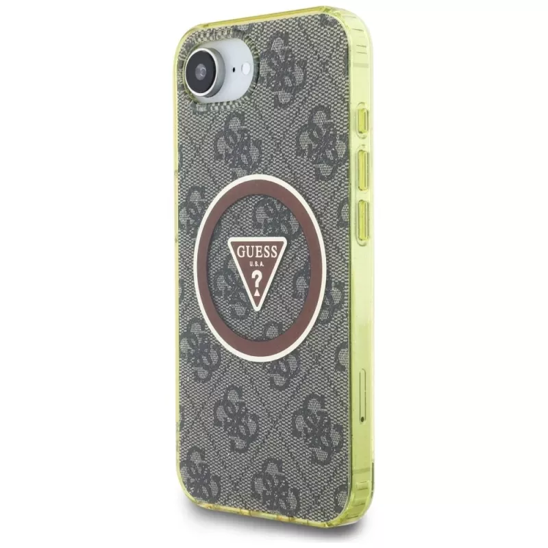 Guess IML Metal Glitter 4G Circle Triangle MagSafe Case für Apple iPhone 16e (Braun)