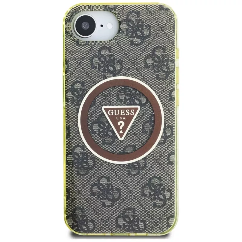Guess IML Metal Glitter 4G Circle Triangle MagSafe Case für Apple iPhone 16e (Braun)