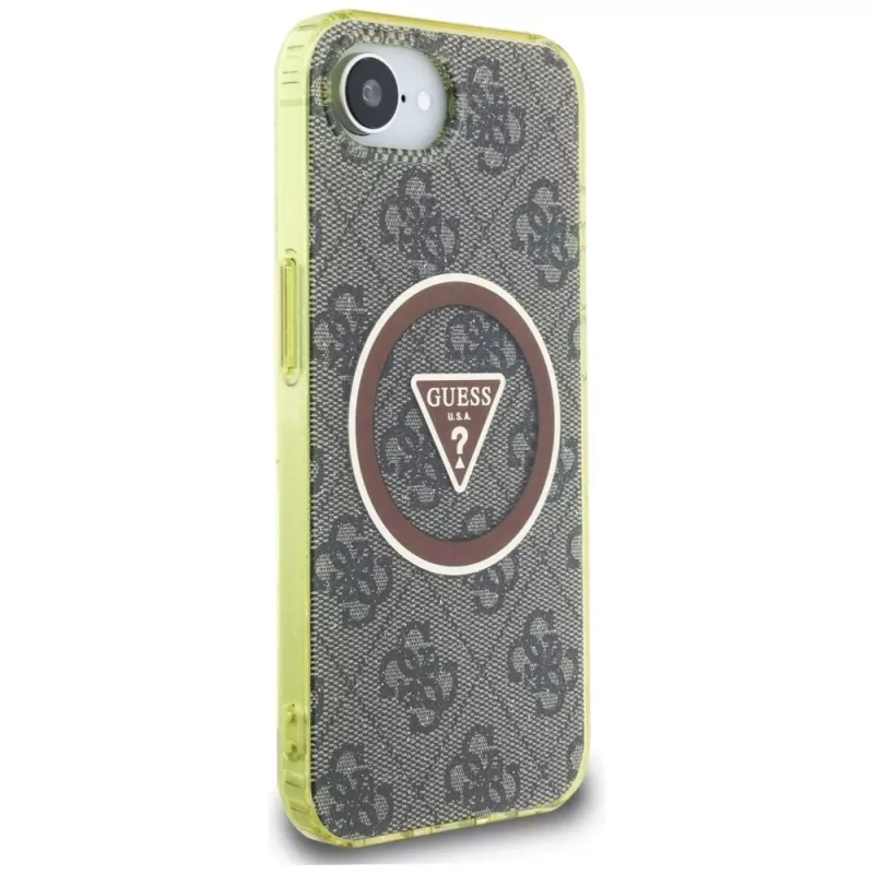 Guess IML Metal Glitter 4G Circle Triangle MagSafe Case für Apple iPhone 16e (Braun)
