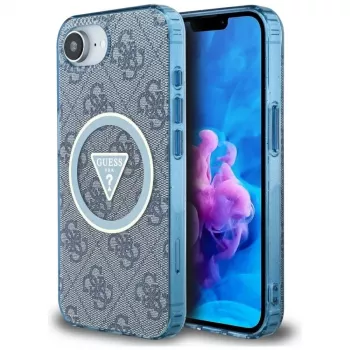 Guess IML Metal Glitter 4G Circle Triangle MagSafe Case für iPhone 16e (Blau)