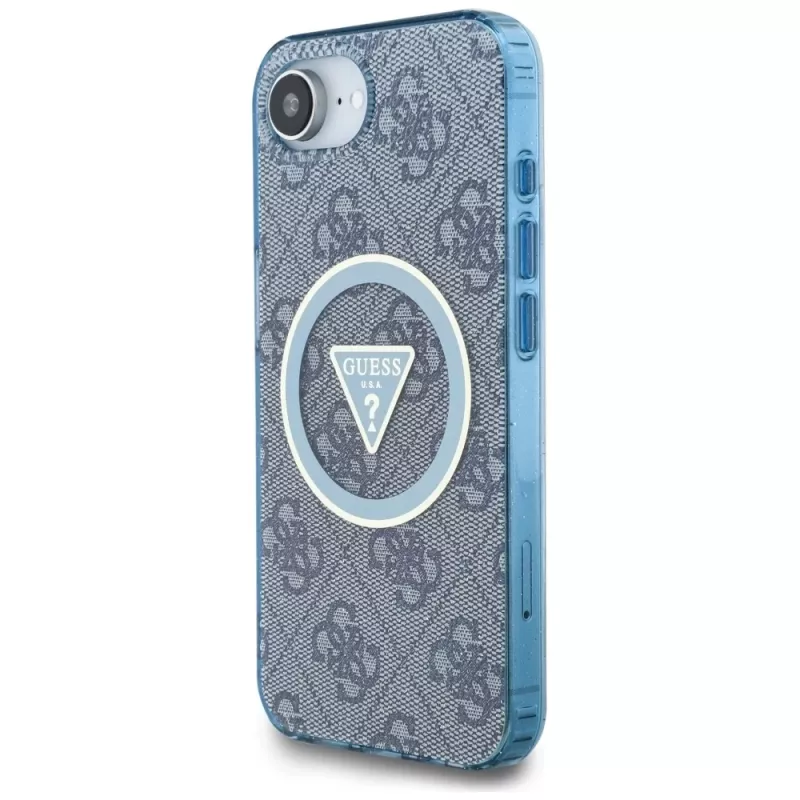 Guess IML Metal Glitter 4G Circle Triangle MagSafe Case für iPhone 16e (Blau)