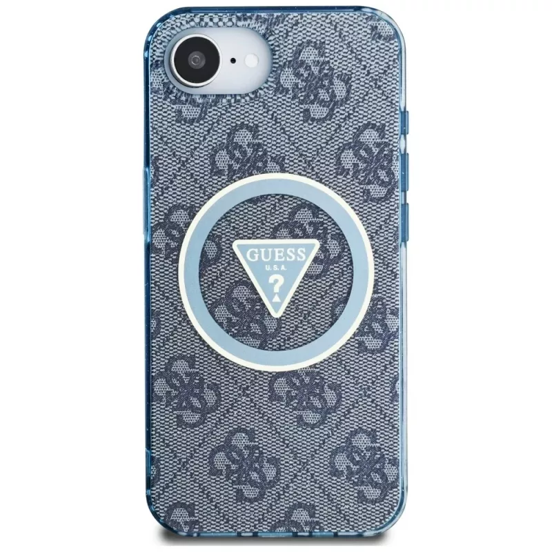 Guess IML Metal Glitter 4G Circle Triangle MagSafe Case für iPhone 16e (Blau)