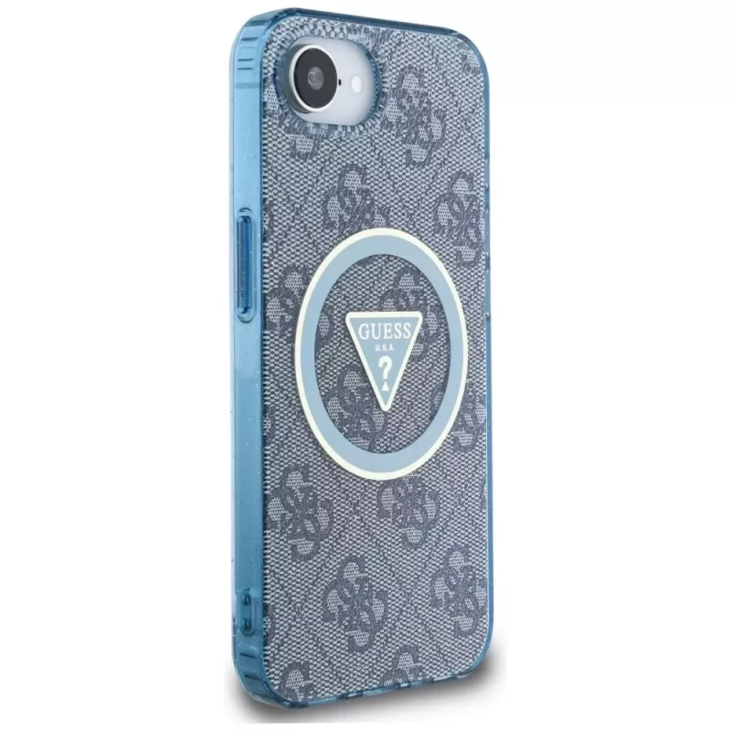 Guess IML Metal Glitter 4G Circle Triangle MagSafe Case für iPhone 16e (Blau)