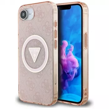 Guess IML Metal Glitter 4G Circle Triangle MagSafe Case für Apple iPhone 16e (Pink)