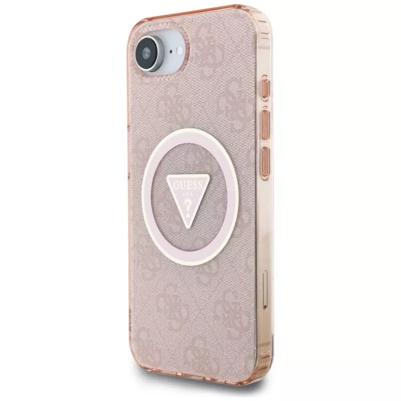 Guess IML Metal Glitter 4G Circle Triangle MagSafe Case für Apple iPhone 16e (Pink)