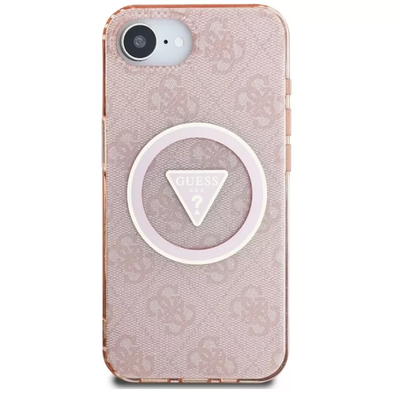 Guess IML Metal Glitter 4G Circle Triangle MagSafe Case für Apple iPhone 16e (Pink)