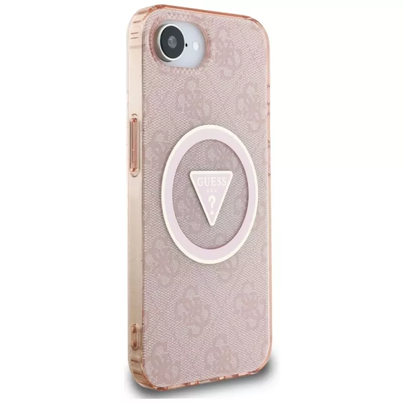Guess IML Metal Glitter 4G Circle Triangle MagSafe Case für Apple iPhone 16e (Pink)