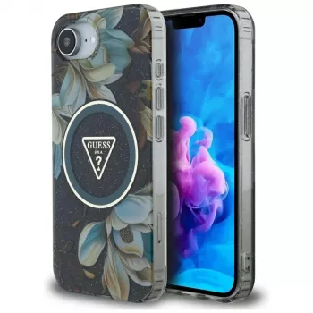Guess IML Metal Glitter Flowers Triangle MagSafe Case für Apple iPhone 16e (Schwarz)
